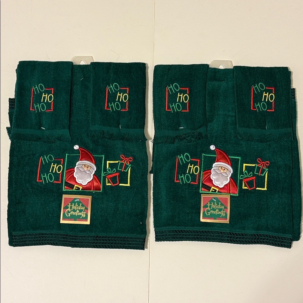 Vintage Santa Holiday Towel Sets 2 Bath Towels 4 Hand Towels Dark Green New